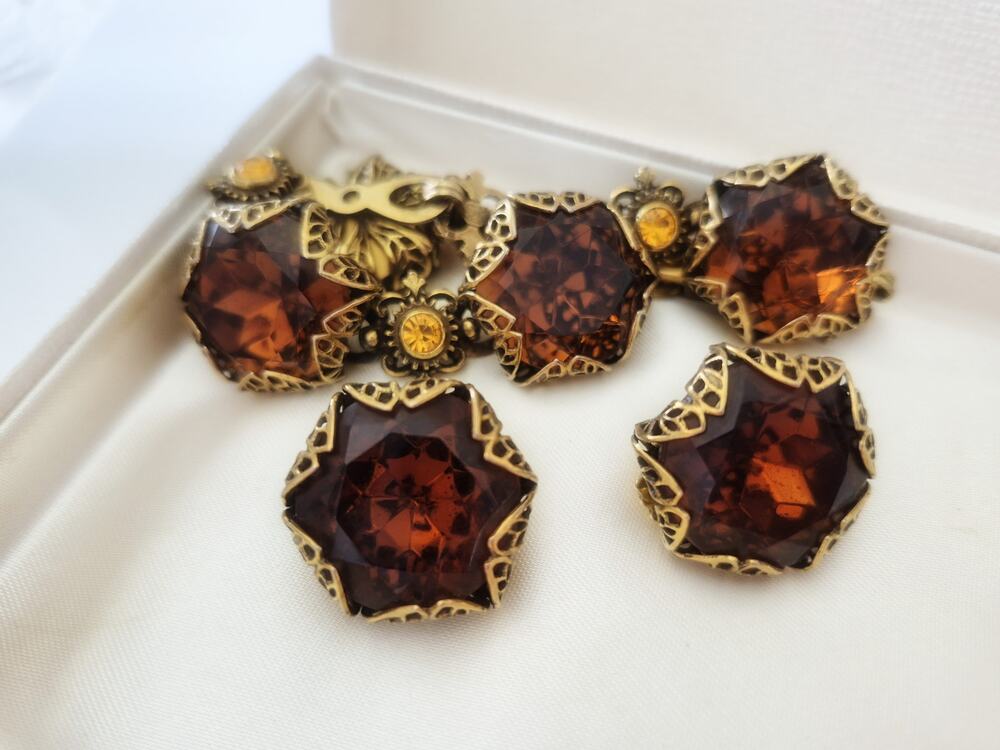 Vintage Art Deco Checho Filigree Cognac Crystal Bracelet and Earring Set
